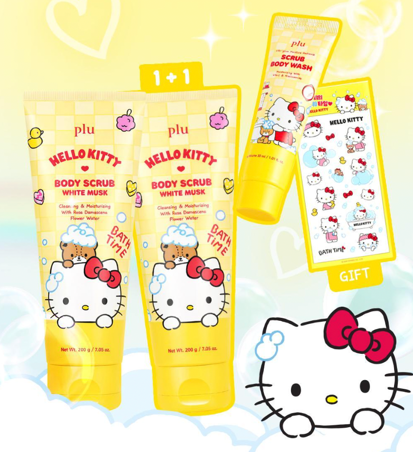 1+1+送30g沖涼液｜PLU x Hello Kitty 🌼 三合一｜身體去角質磨砂膏✨