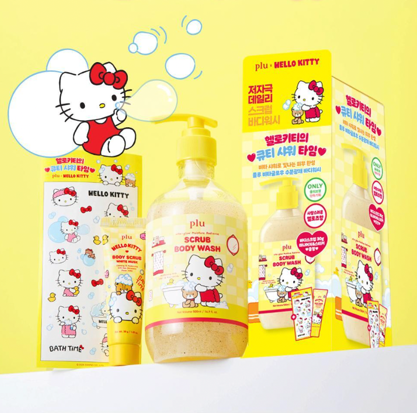 送30g沖涼液｜plu x Hello kitty 🌼 清新玫瑰香磨砂沐浴露